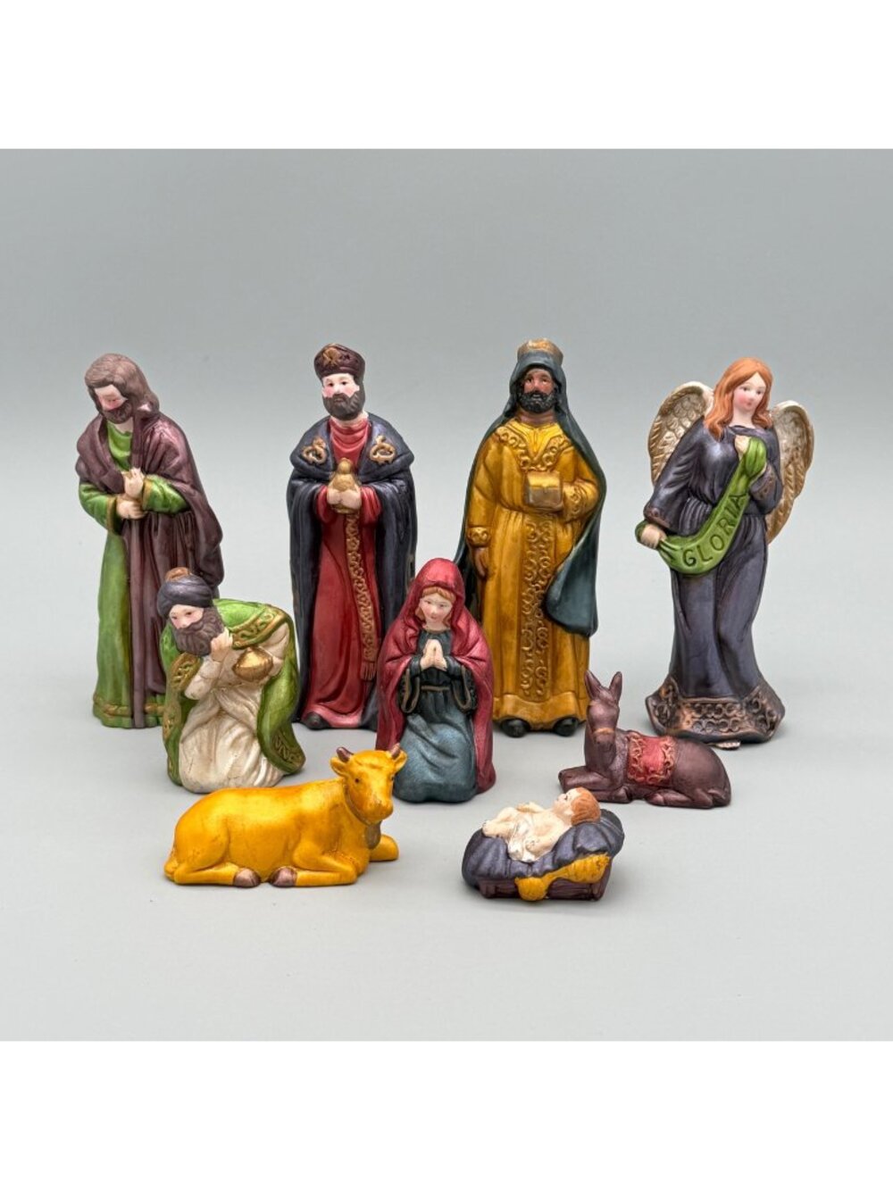 Hand-Painted 9-Piece Nativity Figurine Set Wise Men, Mary, Joseph, Animals,Jesus
